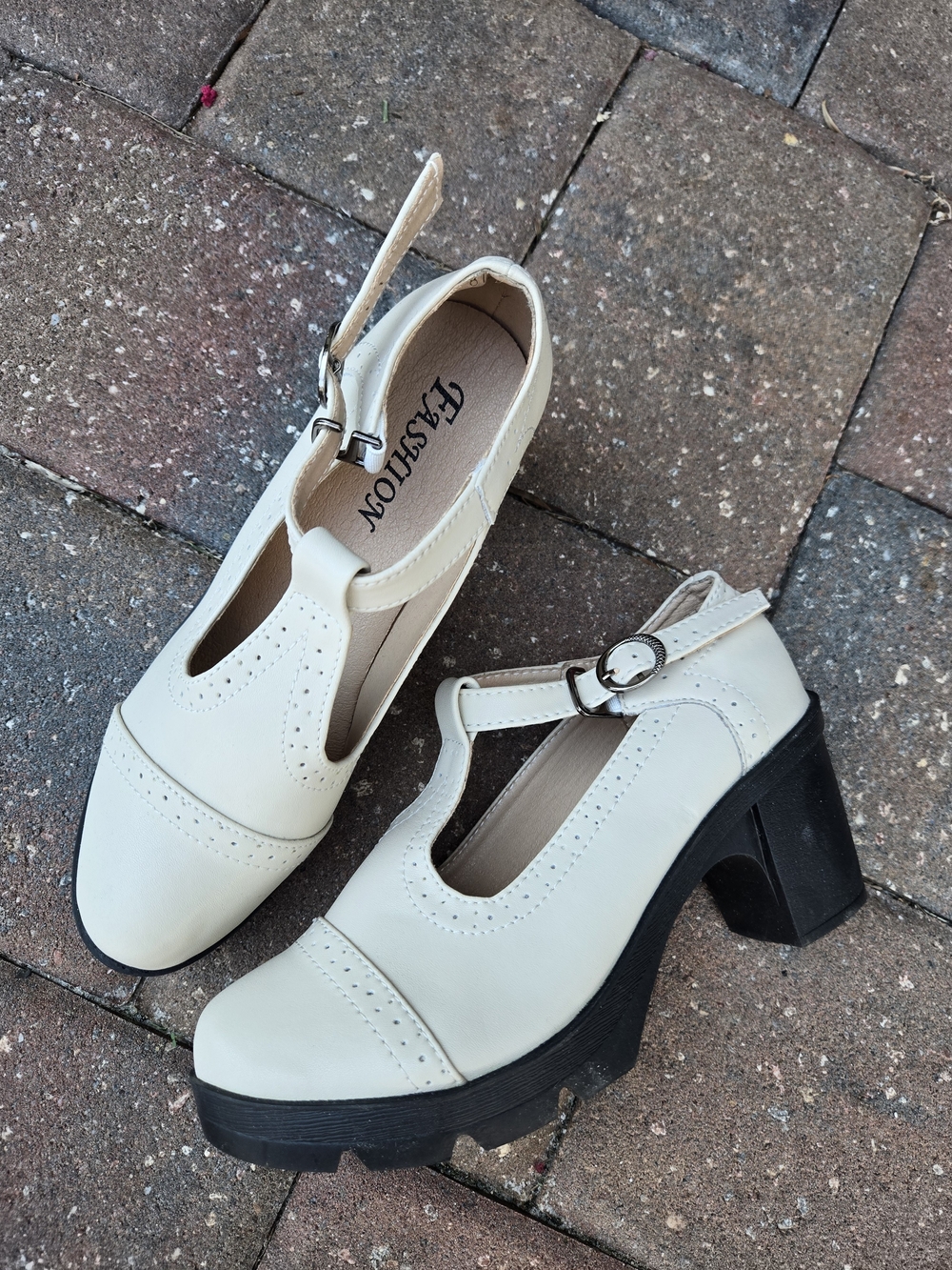 Cream T-Strap Chunky Heel Pumps for Women